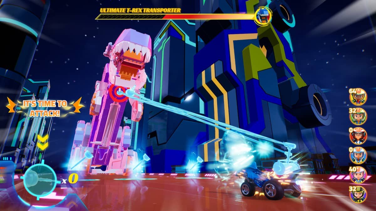 Players battle a towering mechanical T-Rex in Hot Wheels Let's Race Ultimate Speed, with visible health bar mid-fight.