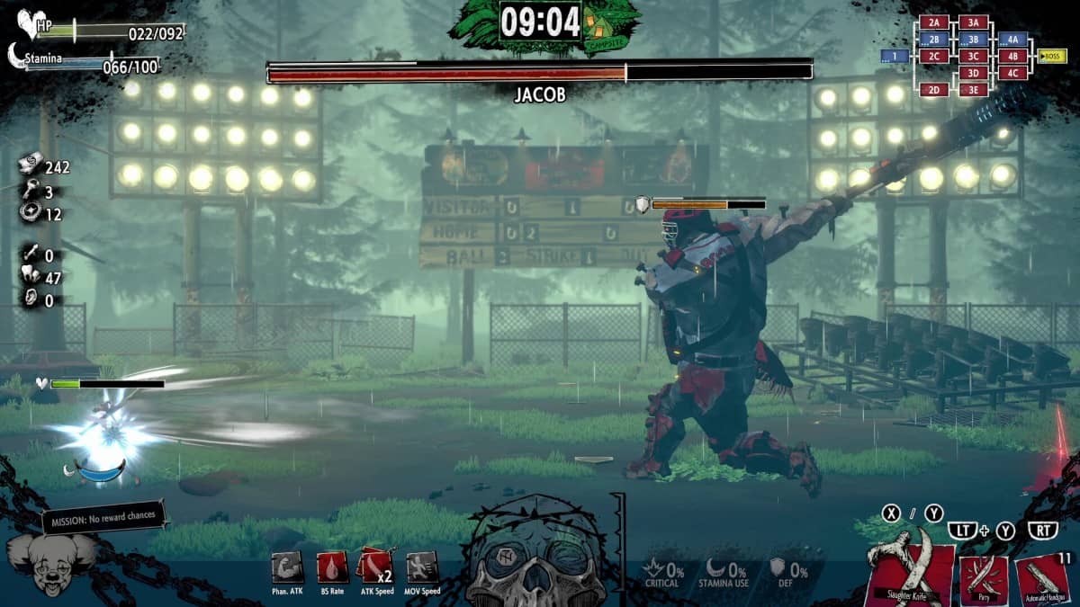 Massive baseball-themed boss in HOTEL BARCELONA fills the screen as he smashes his bat toward the player