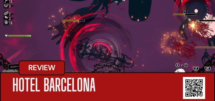 Purple screen chaos in HOTEL BARCELONA as the carnival powerup unleashes a frenzy of flying weapons mid-run