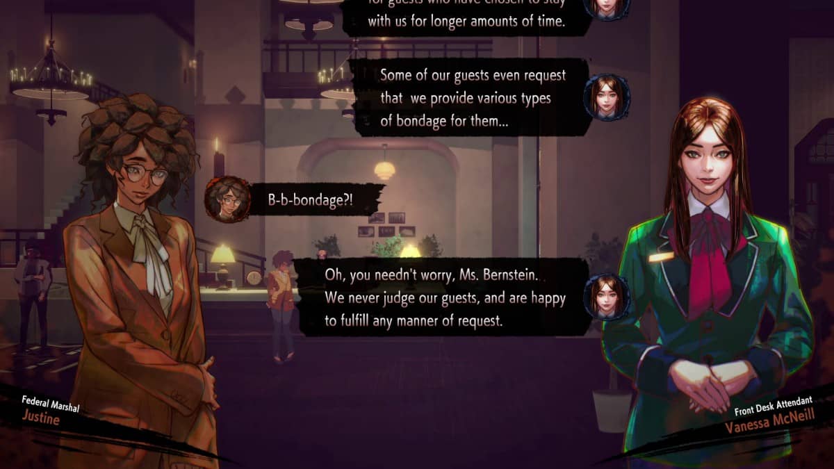 In-game dialogue from HOTEL BARCELONA showing character avatars and speech bubbles during a surreal exchange
