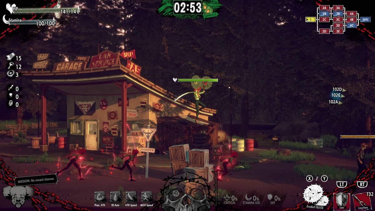 HOTEL BARCELONA character leaps into combat with dual saw blades as forest and gas station backdrop intensifies the chaos
