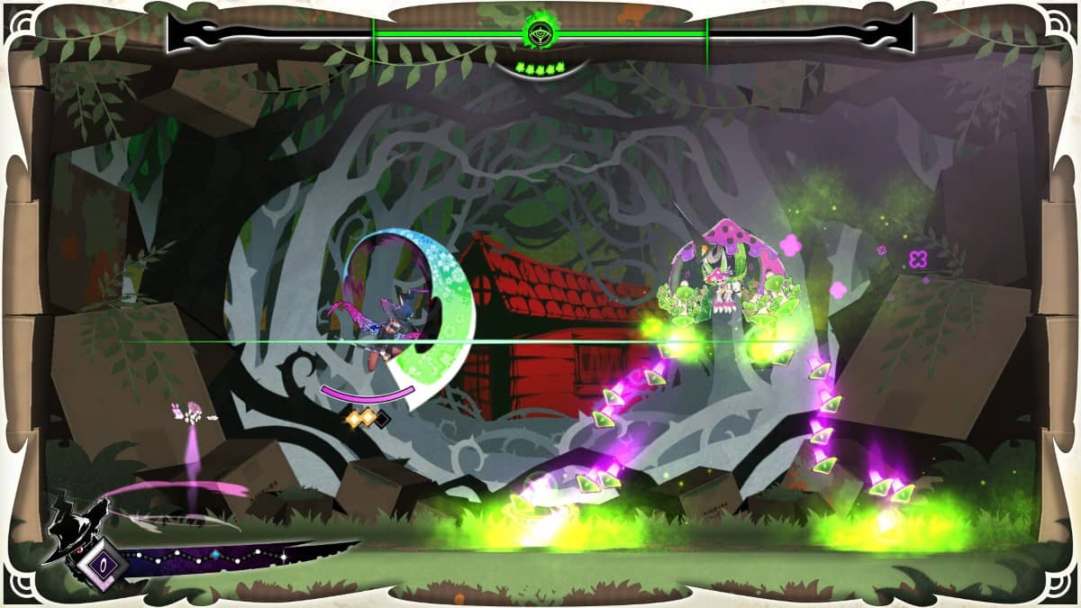 A dramatic Majogami boss battle unfolds in a dark arena filled with swirling green gas and looming danger.