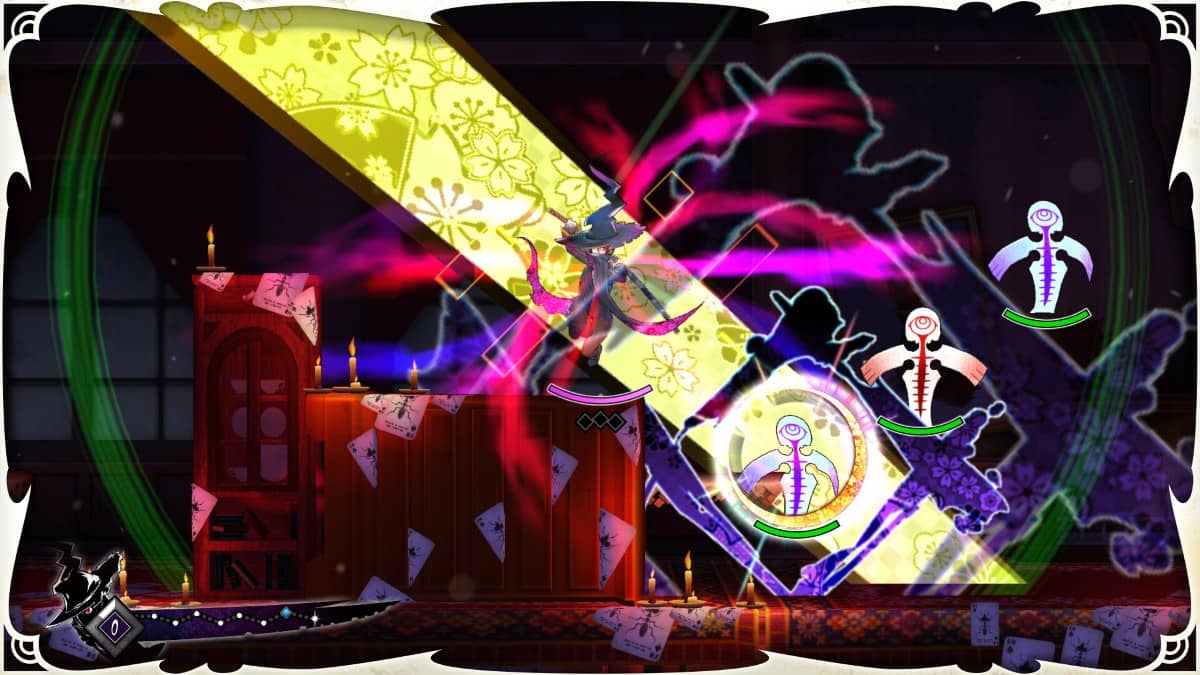 Majogami delivers intense visual feedback during combat, with airborne strikes and reactive enemy animations.