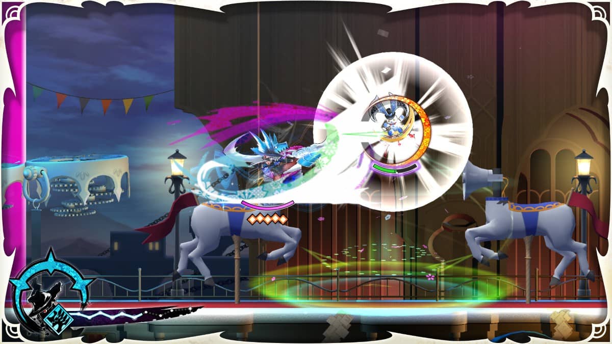 Majogami showcases airborne swordplay against surreal horse-like foes with megaphone heads.