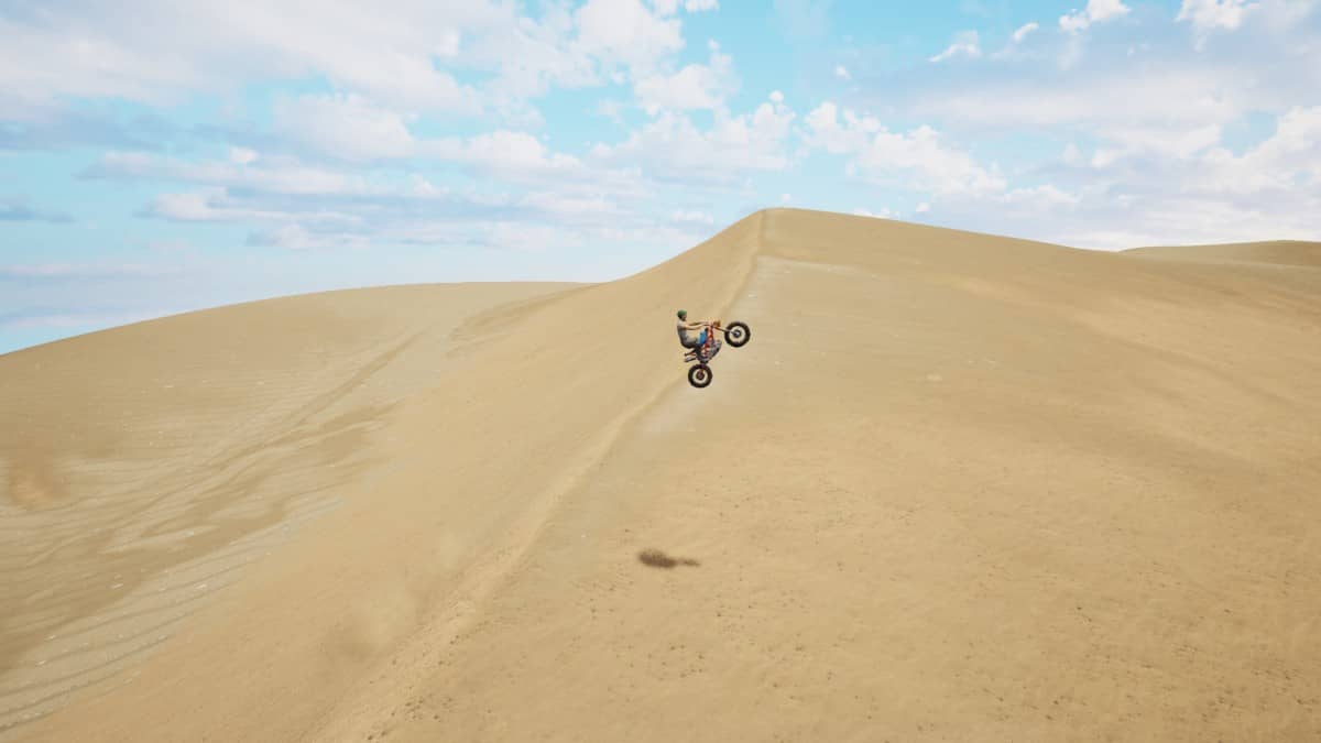 Ricky rides through a barren desert in MotoTrials, highlighting the game’s gritty survival atmosphere.