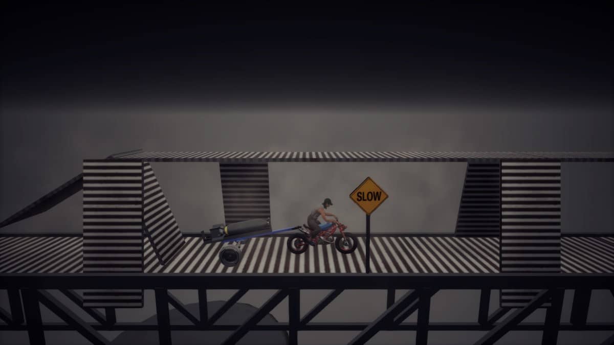 Ricky hauls a missile warhead behind his bike in MotoTrials, blending absurd danger with grim determination.