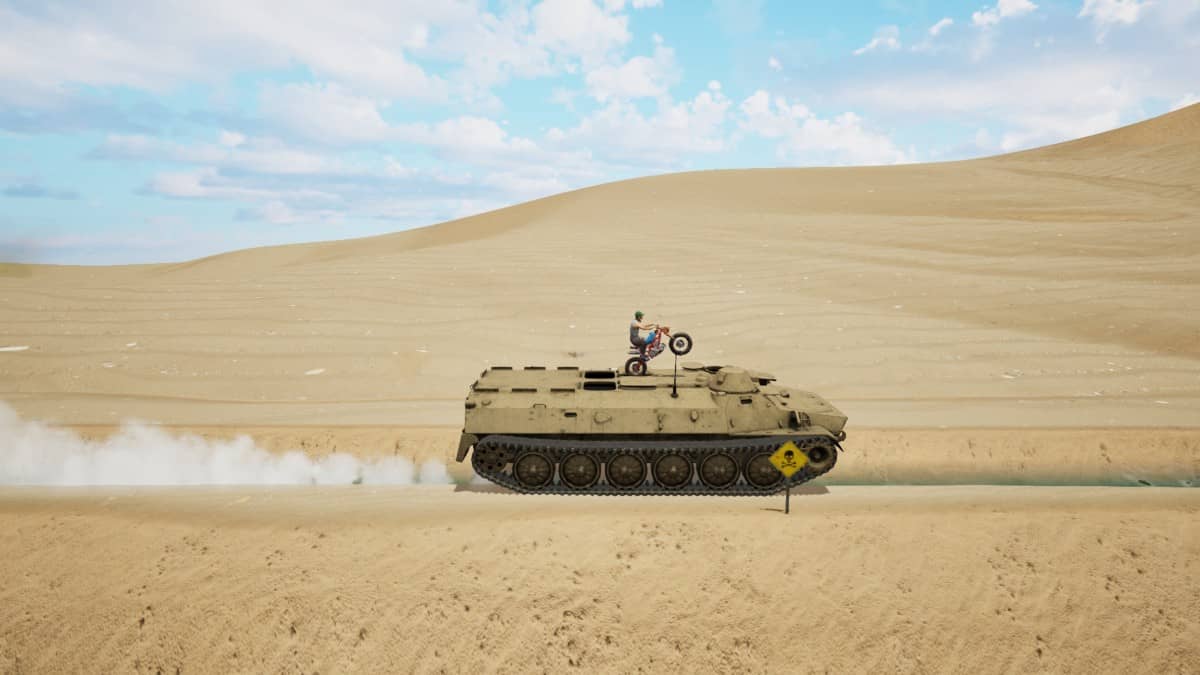 Ricky balances atop a desert tank in MotoTrials, blending surreal terrain with tense motorcycle platforming.