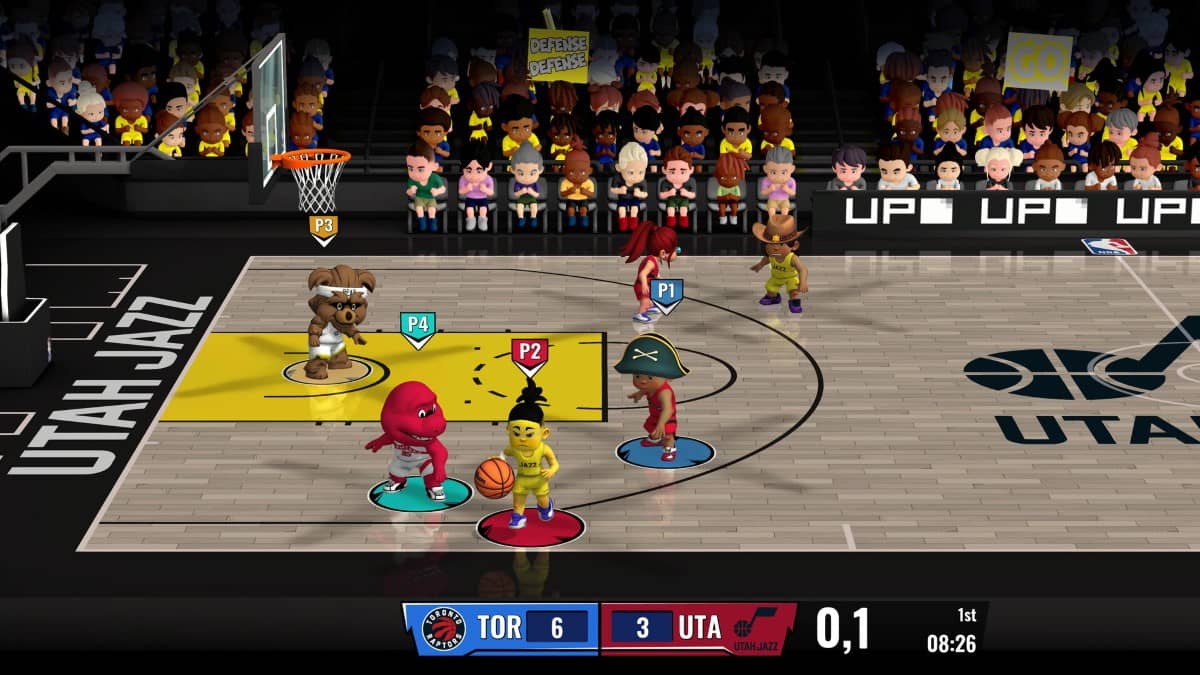 Local multiplayer match in NBA BOUNCE featuring Utah Jazz and Toronto Raptors mascots mid-game.