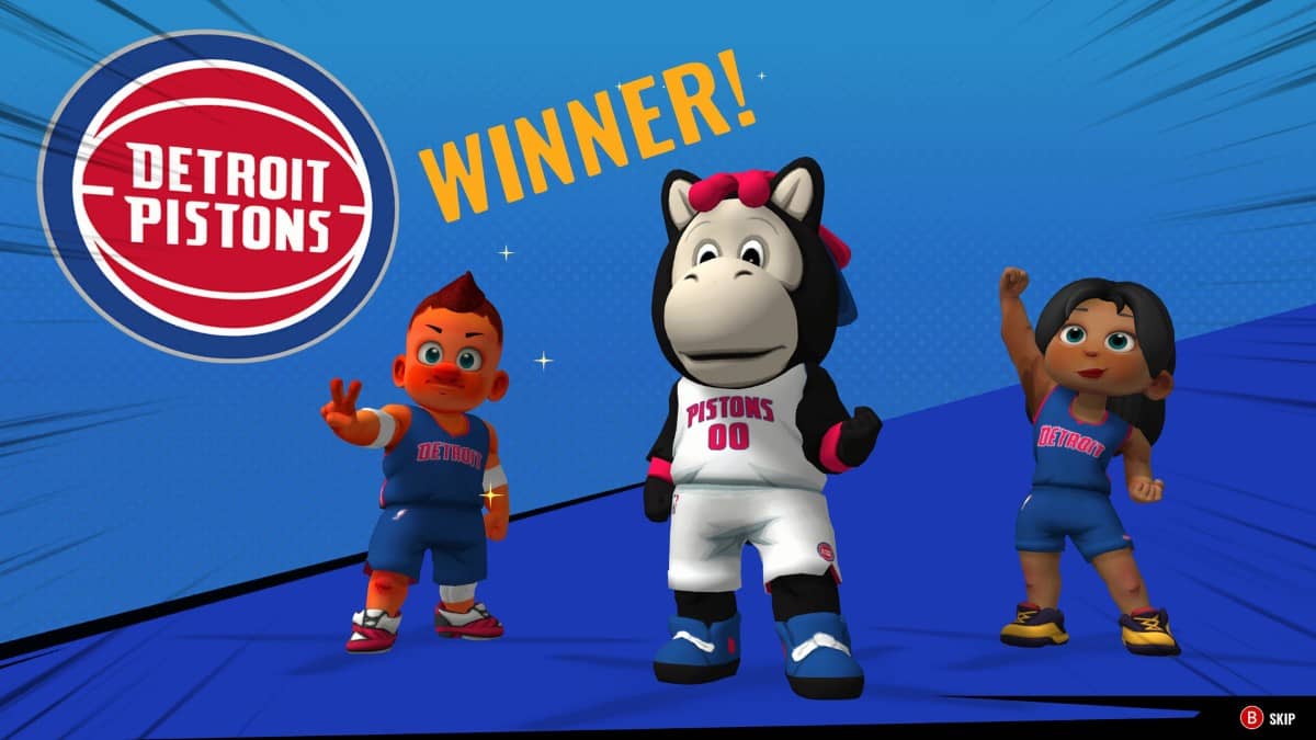 Victory screen in NBA BOUNCE showing the winning mascot and players celebrating after a local match.