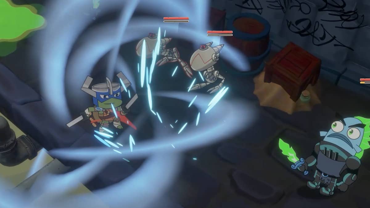 Leonardo battles fantasy enemies in Nicktoons & The Dice of Destiny, highlighting the game’s action-packed RPG combat.