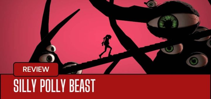 A striking 2D scene from Silly Polly Beast with a vivid pink backdrop and silhouetted black characters mid-encounter.