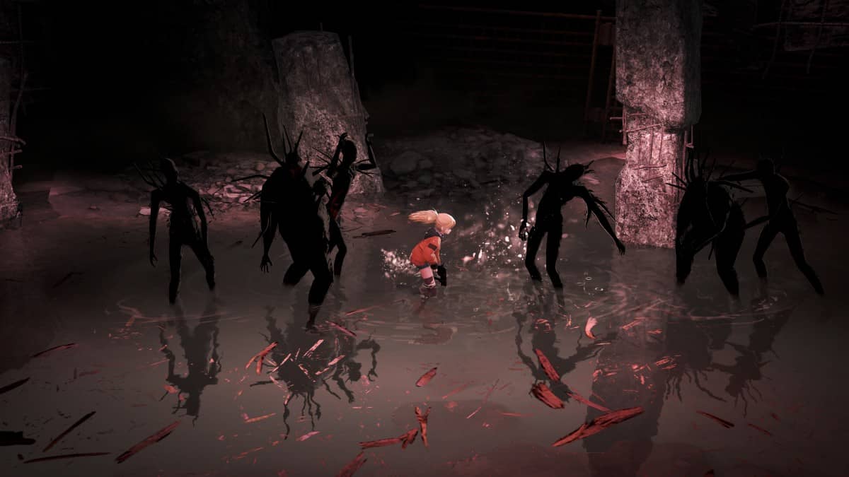 Polly battles shadowy enemies in a tense 2D combat scene from Silly Polly Beast, highlighting its eerie action style.