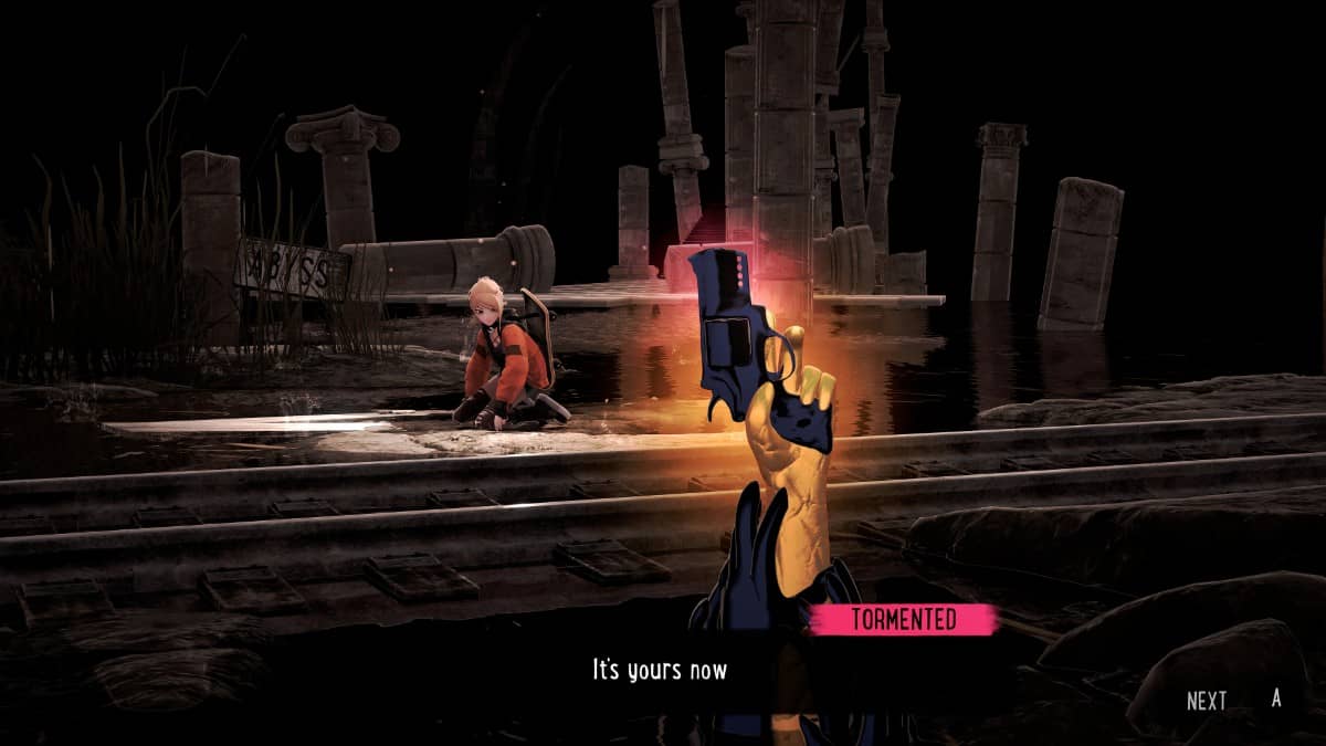 Polly receives a weapon from a ghostly hand rising from the ground in a surreal moment from Silly Polly Beast.