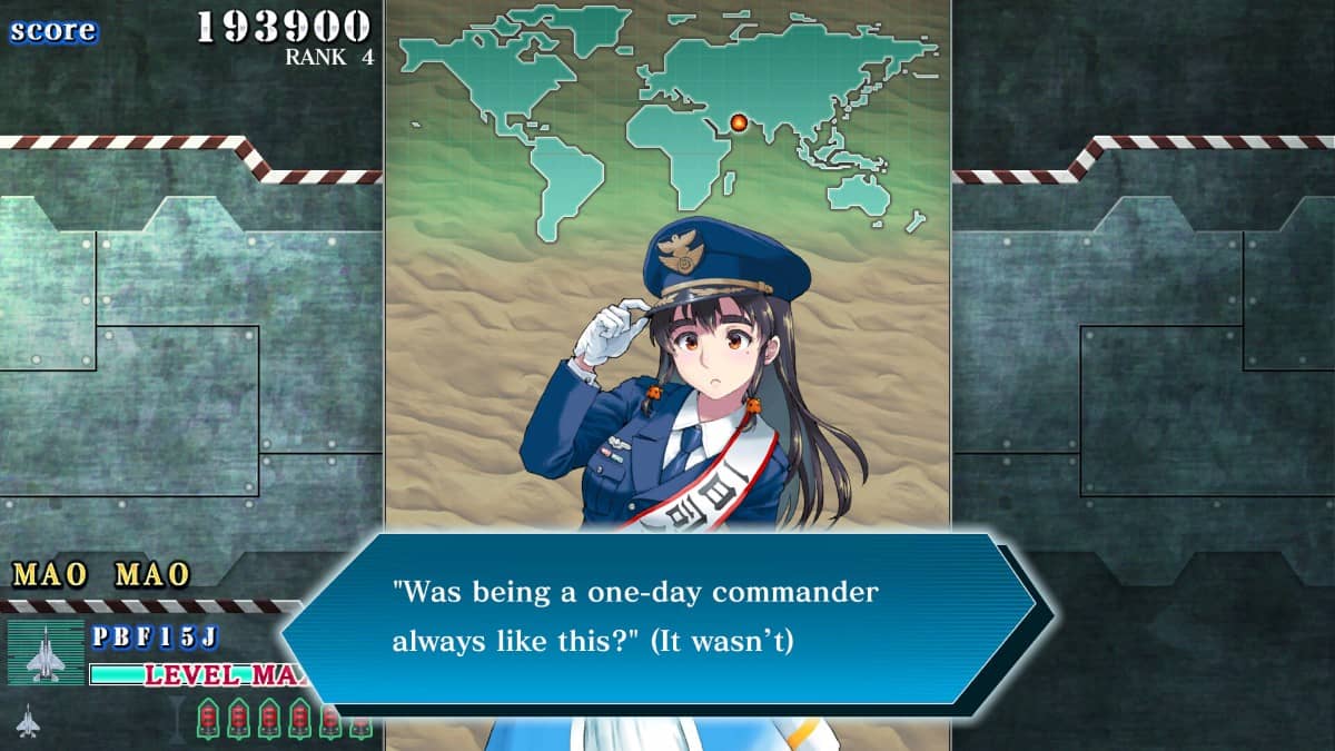 Text-based character banter in SONIC WINGS REUNION showing mid-stage dialogue between pilots.