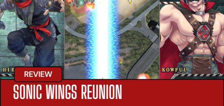 Laser barrage erupts mid-stage in SONIC WINGS REUNION, flanked by Kowful and Hien character avatars.