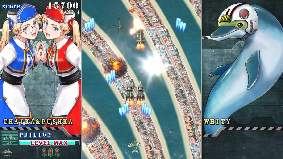 In-game screen from SONIC WINGS REUNION featuring Whity, Chaika, and Pushka character avatars mid-mission.