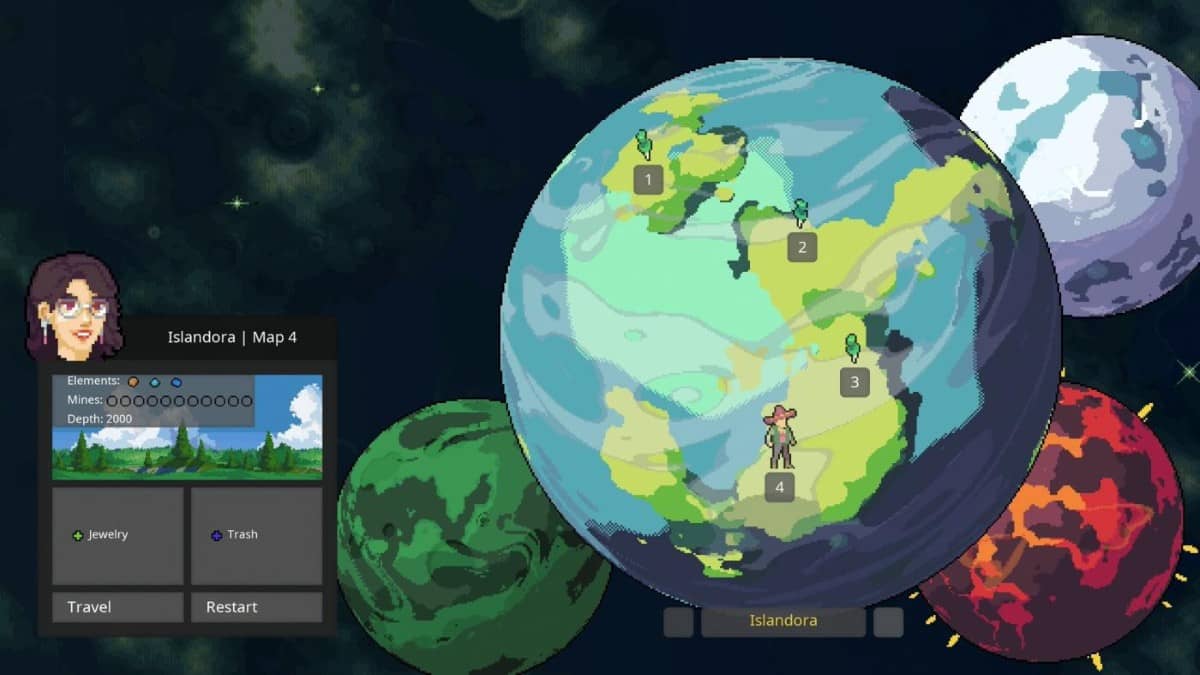 The level select screen in Super Mining Mechs displays a galaxy of planets, each with unique resources and mission descriptions.