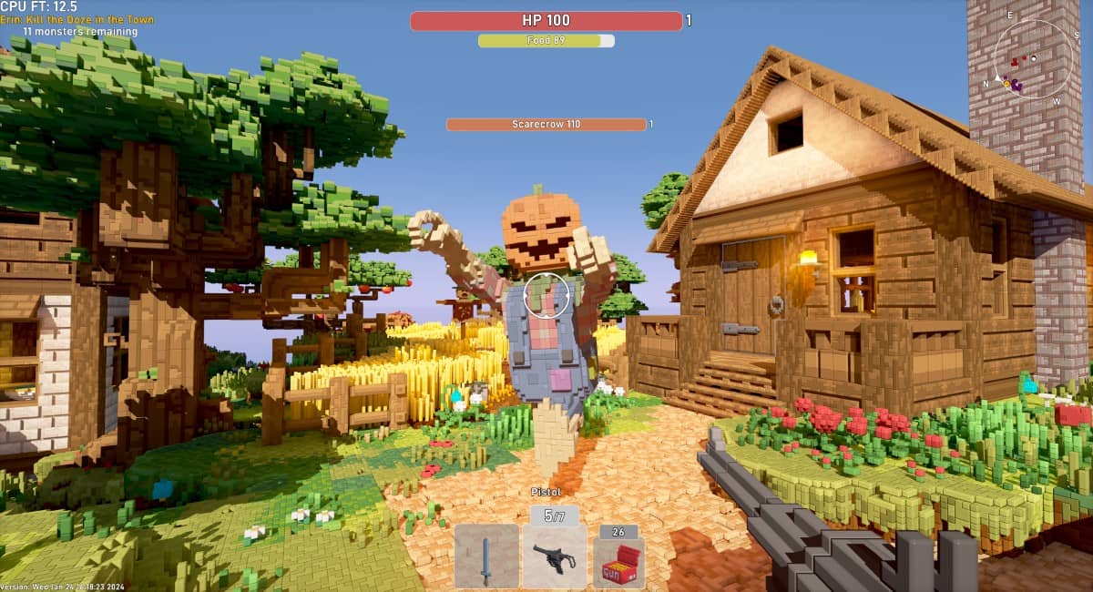 An enraged pumpkin-headed farmer emerges from his forest cabin in Voxile, capturing the game’s eerie sandbox tension.