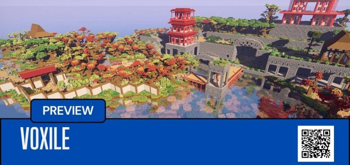 Aerial view of an oriental-style island in Voxile under clear skies, showcasing the game’s vibrant early access world.