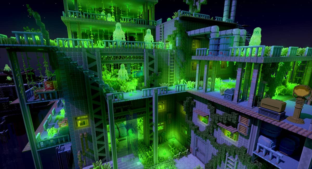A towering structure looms in Voxile’s shadowy world, lit by eerie, glowing toxic plants scattered across the terrain.