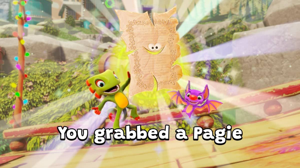 Yooka and Laylee celebrating as they collect a Pagie in Yooka-Replaylee, highlighting core gameplay rewards.