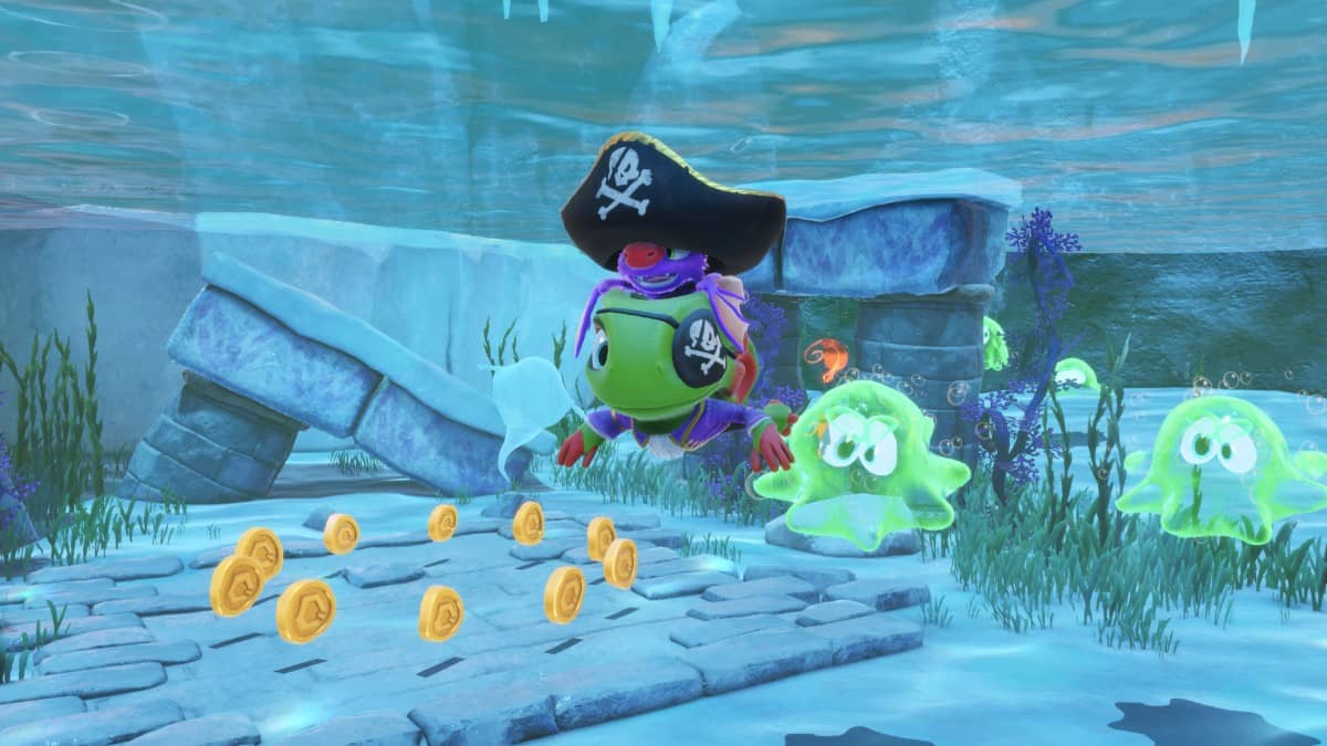 Yooka swimming through a vibrant underwater zone in Yooka-Replaylee, donning a pirate hat for added flair and fun.
