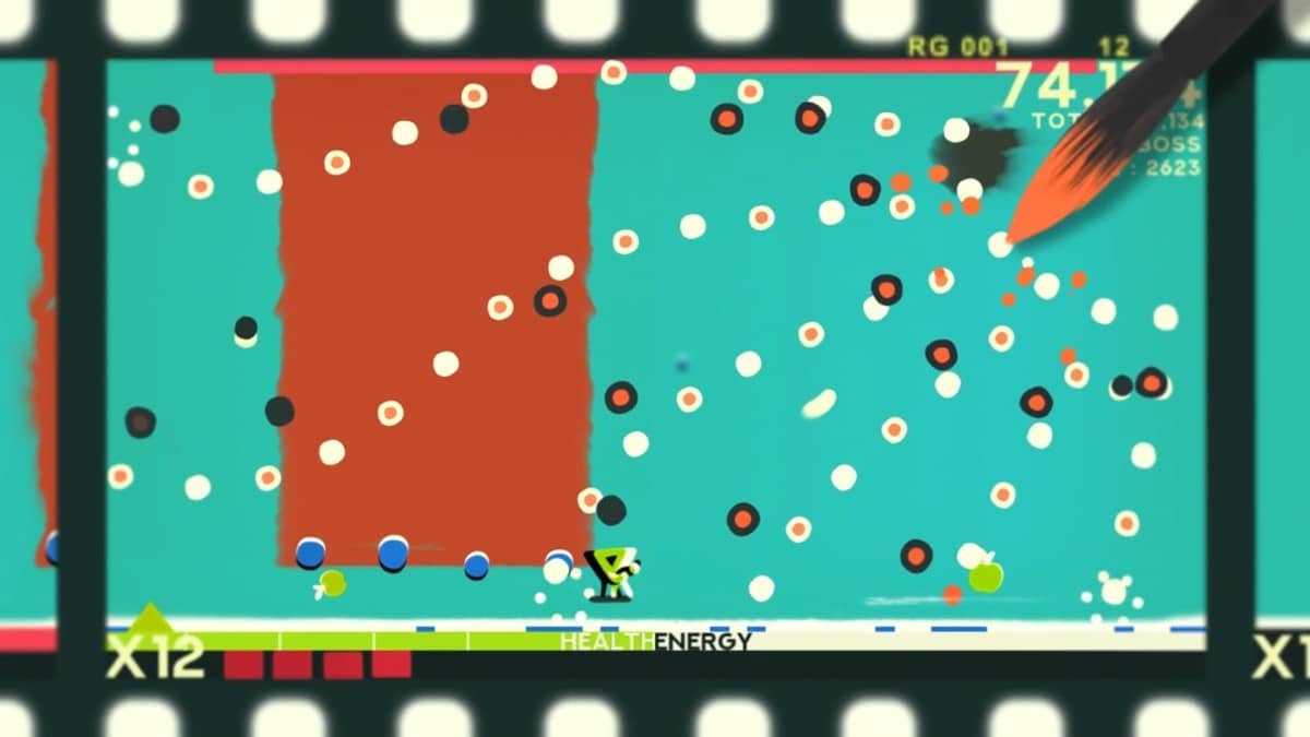 The brush in ZOE Begone! sketches a swarm of dot enemies as they rain down in a chaotic mid-reel moment.