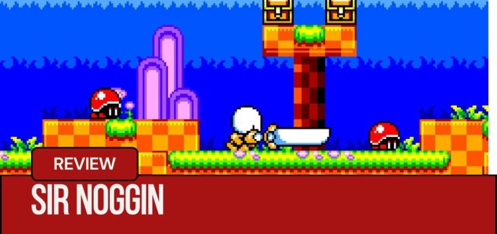 Sir Noggin swings his sword in a vibrant level with treasure chests above on a platform.