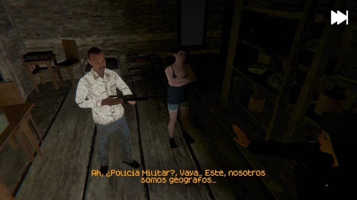 Acre Crisis player encounters frightened locals barricaded inside a wooden hut in the jungle.