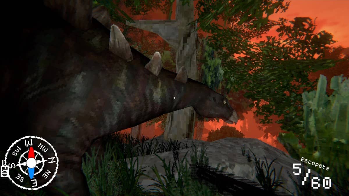 Acre Crisis scene showing a massive stegosaurus calmly walking past the player in the jungle.