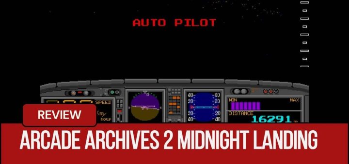 Cockpit view in Arcade Archives 2 Midnight Landing showing autopilot engaged during flight sequence.