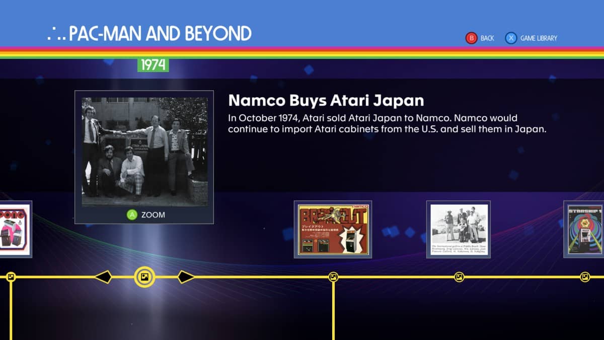 Timeline view in Atari 50: THE NAMCO LEGENDARY PACK highlighting Japan’s role and Atari’s history.