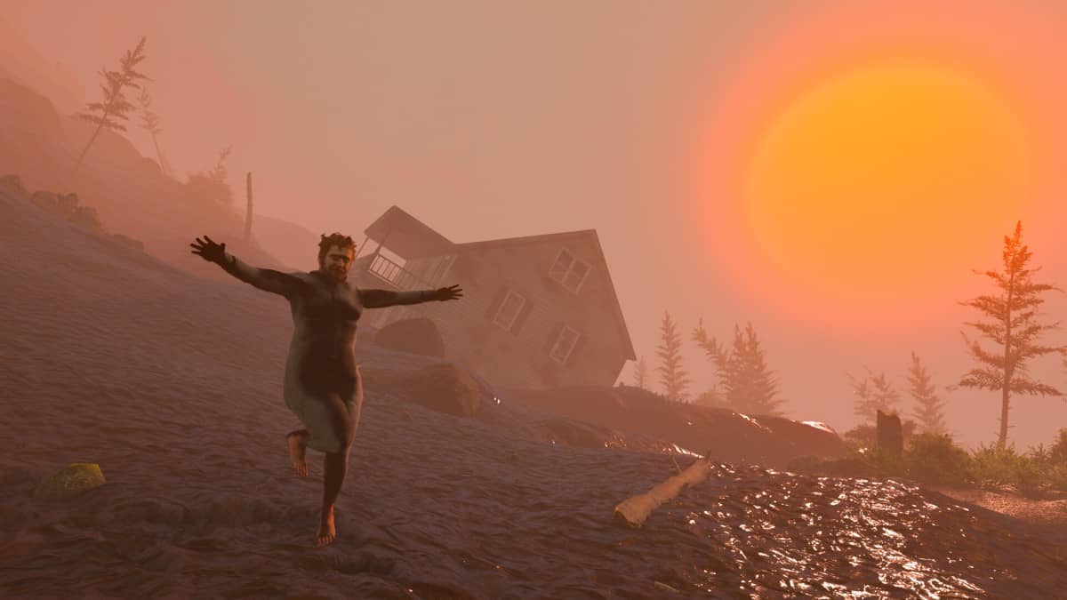 A joyful Nate stands outside a hut in Baby Steps as the sun sets, capturing a rare moment of peace and beauty in his chaotic journey.