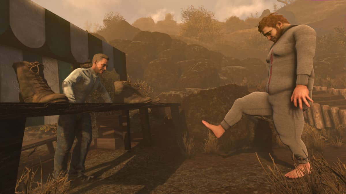 Nate chats with a vibrant character offering shoes in Baby Steps, highlighting the game’s quirky charm and unexpected interactions.