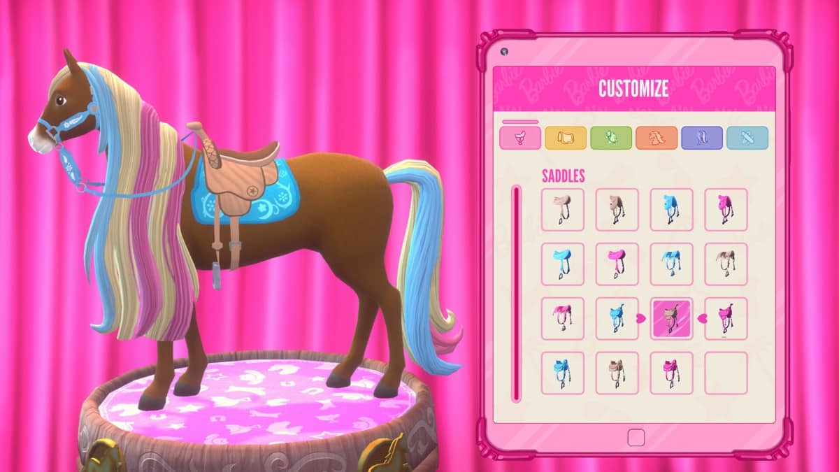 The horse customisation screen in Barbie Horse Trails showing saddle, mane, and gear options in a colourful menu layout.
