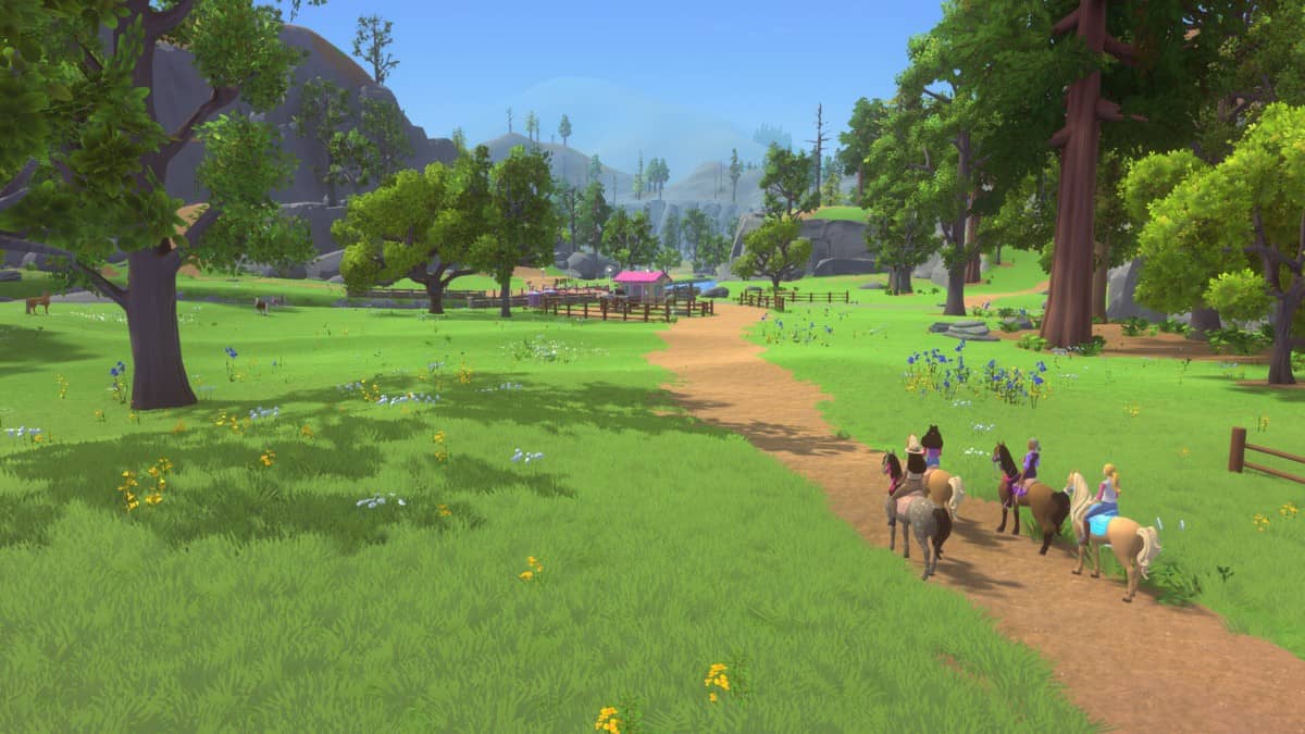 Barbie and friends gaze out over a sunny open world trail in Barbie Horse Trails, capturing the spirit of exploration and friendship.