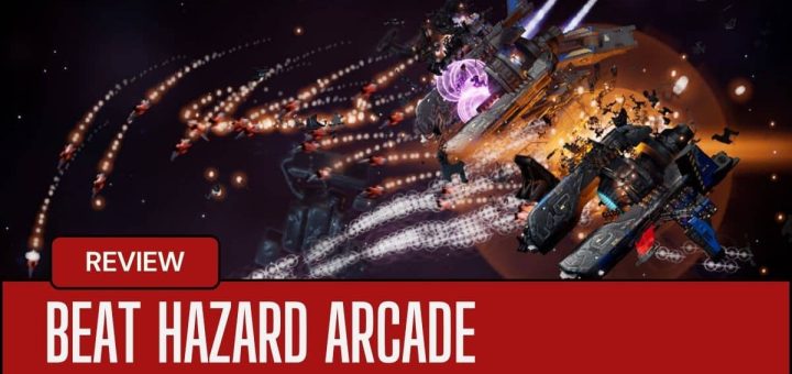 A massive boss encounter in Beat Hazard Arcade with missiles raining down against a star-filled cosmic backdrop.