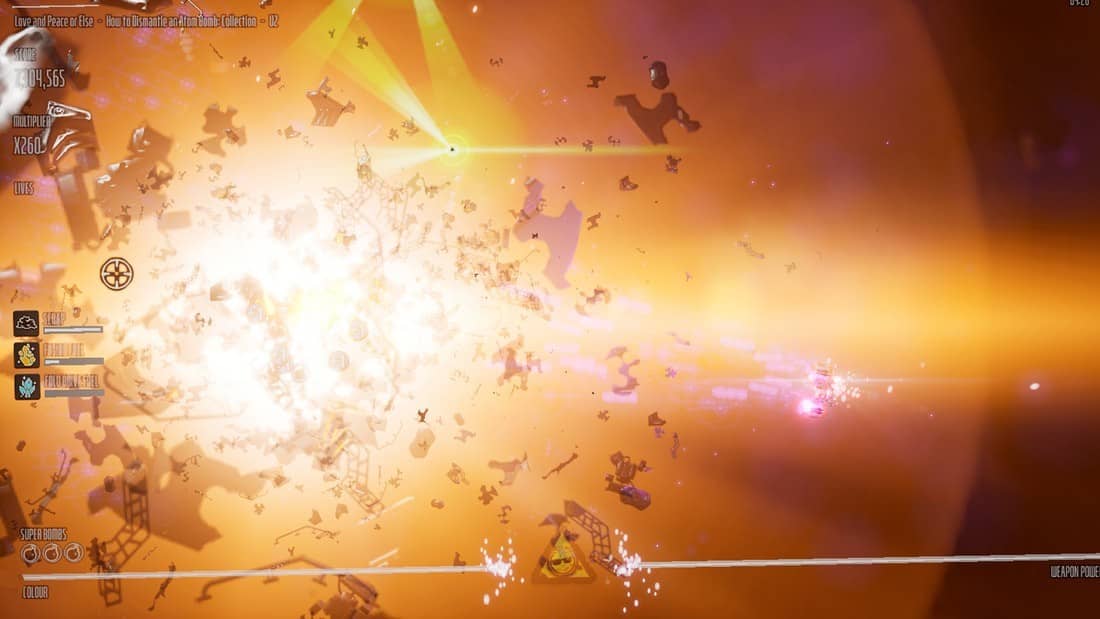 A blinding yellow explosion in Beat Hazard Arcade with scattered ships and missiles barely visible through the chaos.