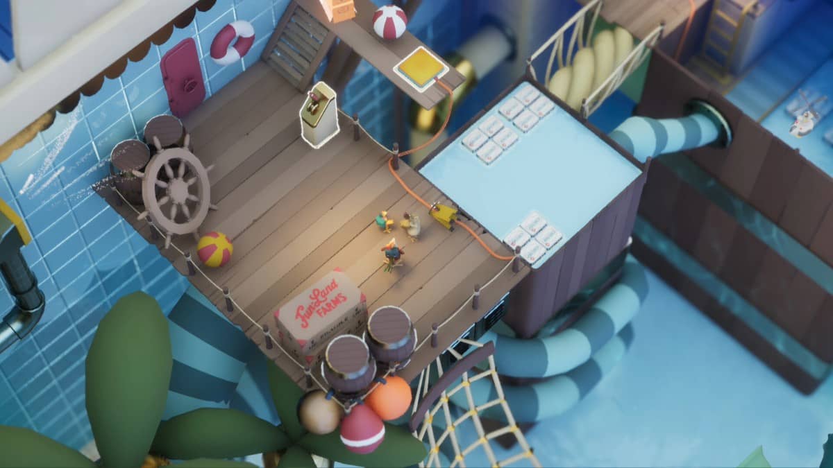 A nautical-themed level in Chicken Run: Eggstraction featuring ships, docks, and ocean-inspired structures.