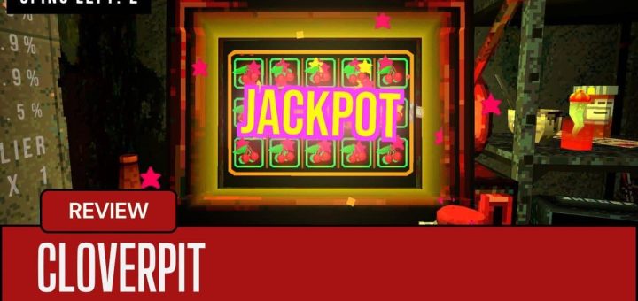 The jackpot screen lights up in CloverPit, showcasing the eerie thrill of its roguelike slot machine gameplay.