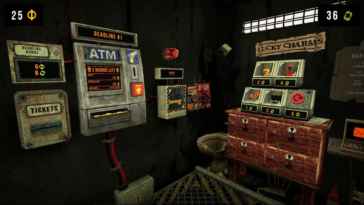 The confined room in CloverPit showing the slot machine and shop setup, highlighting its claustrophobic horror vibe.