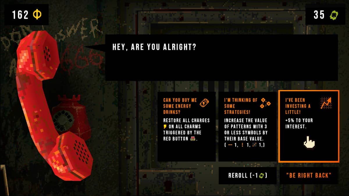 A tense phone call moment in CloverPit showing three random modifier choices that shape your next round.
