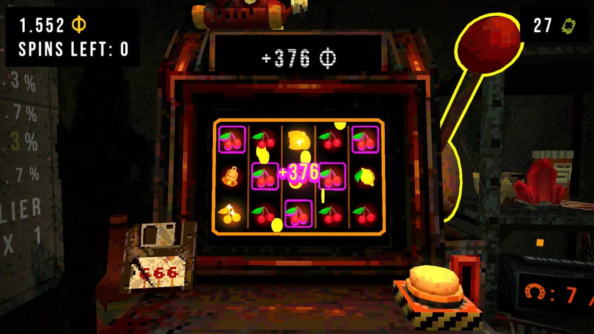 A typical gameplay moment in CloverPit showing fruit symbols on the slot machine during a tense spin.