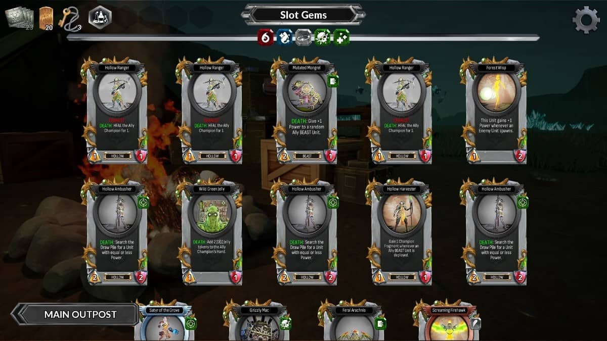 Inventory-style menu showing Scales faction cards in Dragon Front Adventures, highlighting deckbuilding depth.