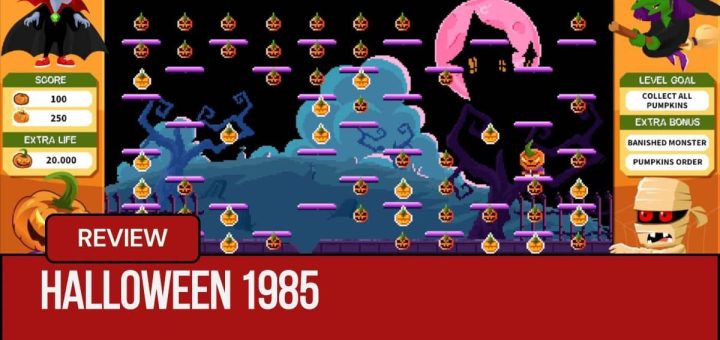 A frantic screen packed with pumpkins in Halloween 1985, showcasing the wild arcade-style action.