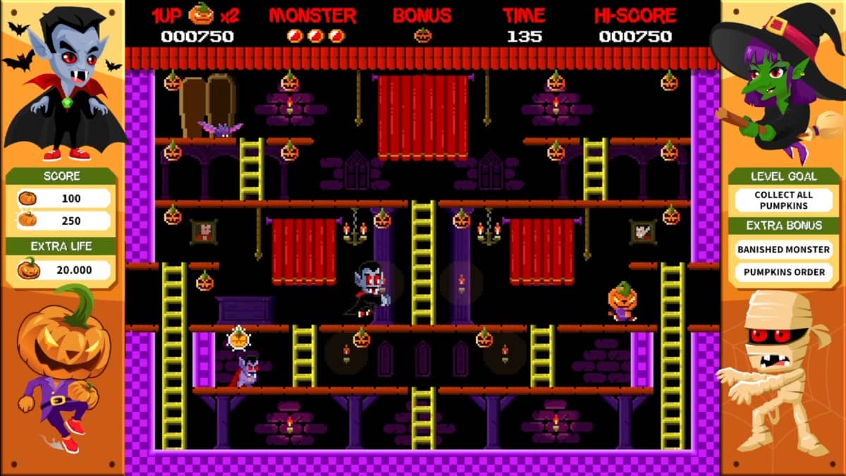 Dracula pursues the player through the haunted mansion stage in Halloween 1985’s intense arcade action.