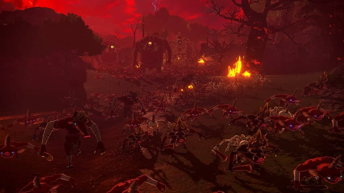 An army of goblins in Hyrule Warriors: Age of Imprisonment under a red sky, all appearing furious and ready for battle.