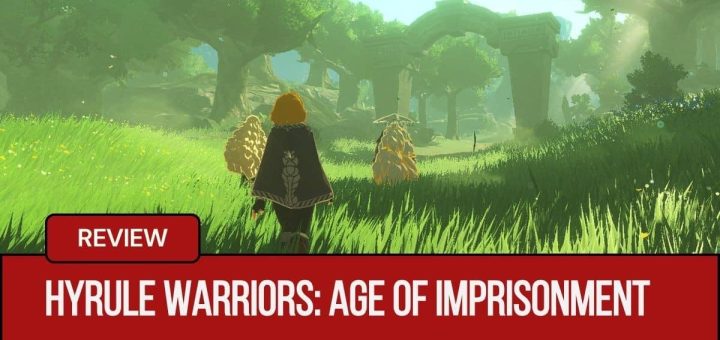 Main characters in Hyrule Warriors: Age of Imprisonment walking up a grassy hill toward an archway under the sun.