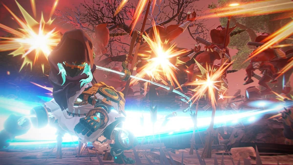 Hyrule Warriors: Age of Imprisonment party battling flying monsters with kinetic energy bursts filling the scene.