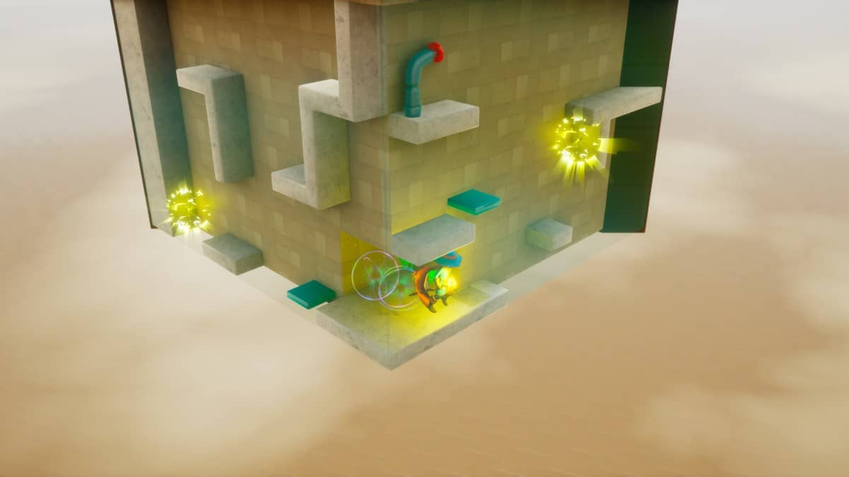 The hero navigates a classic 3D platforming section in Lumo 2, leaping across floating platforms in a vibrant puzzle zone.